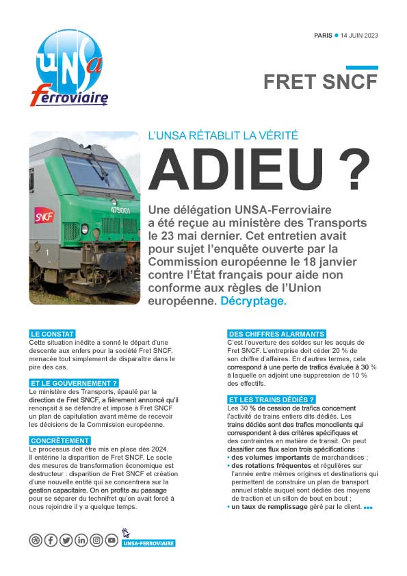 Fin annoncée Fret SNCF UNSA rétablit vérité