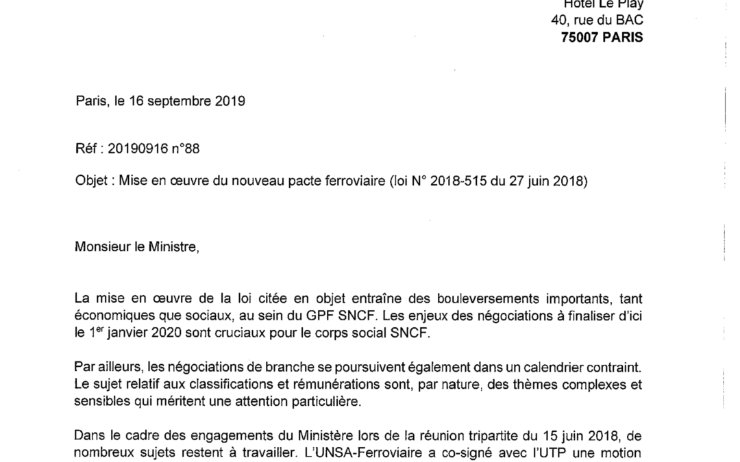 Courrier au ministre des Transports du 16 septembre 2019