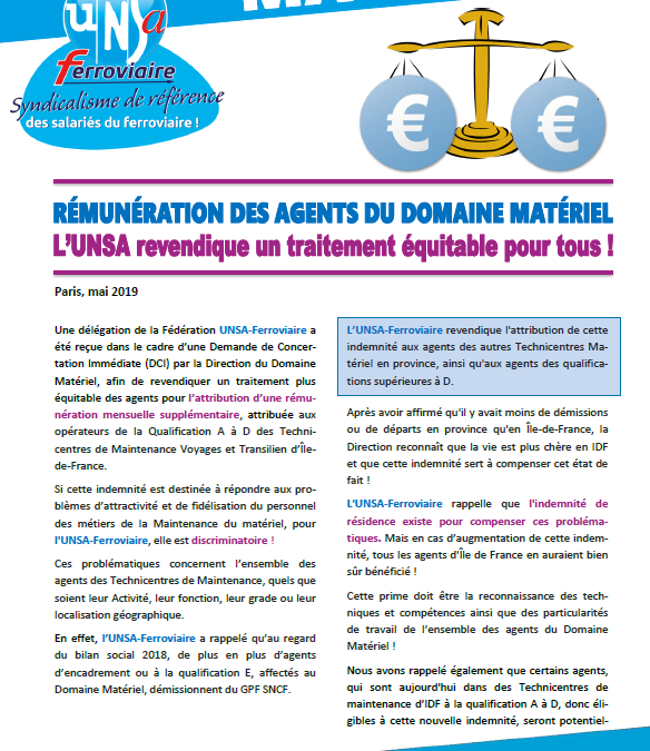 Rémunération des agents du domaine matériel