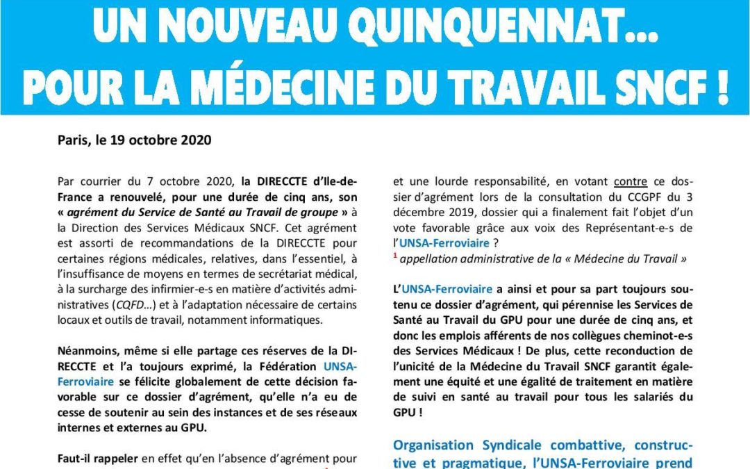 Renouvellement de l’agrément du service de santé au travail