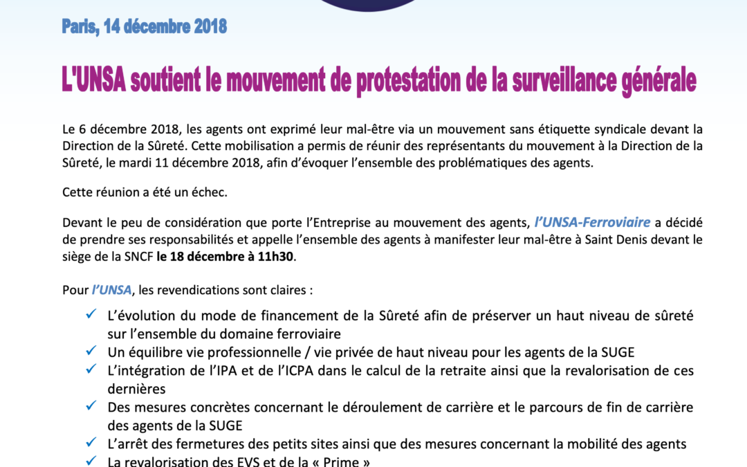 L’UNSA soutient le mouvement de protestation de la surveillance générale